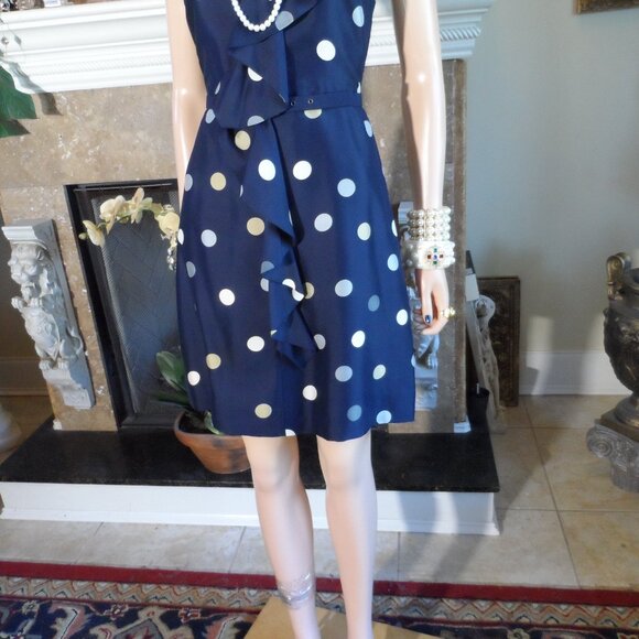 Kate Spade Navy Blue Multi Polka Dot Belted A Line Dress w/Front Ruffle Size 0 - Picture 13 of 16